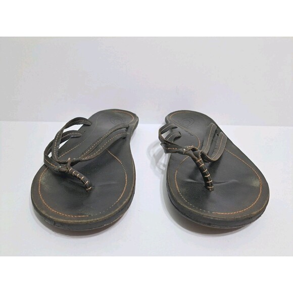 Olukai Womens Size 8 “U’i” Sahara Black Leather Double Strap Sandal Flip Flops - Picture 2 of 6